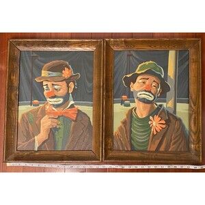 Vintage 70's EMMETT KELLY Sad Hobo CLOWNS Paintings Pair Wall ART Weary Willie